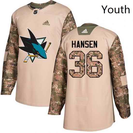 Youth Adidas San Jose Sharks 36 Jannik Hansen Authentic Camo Veterans Day Practice NHL Jersey